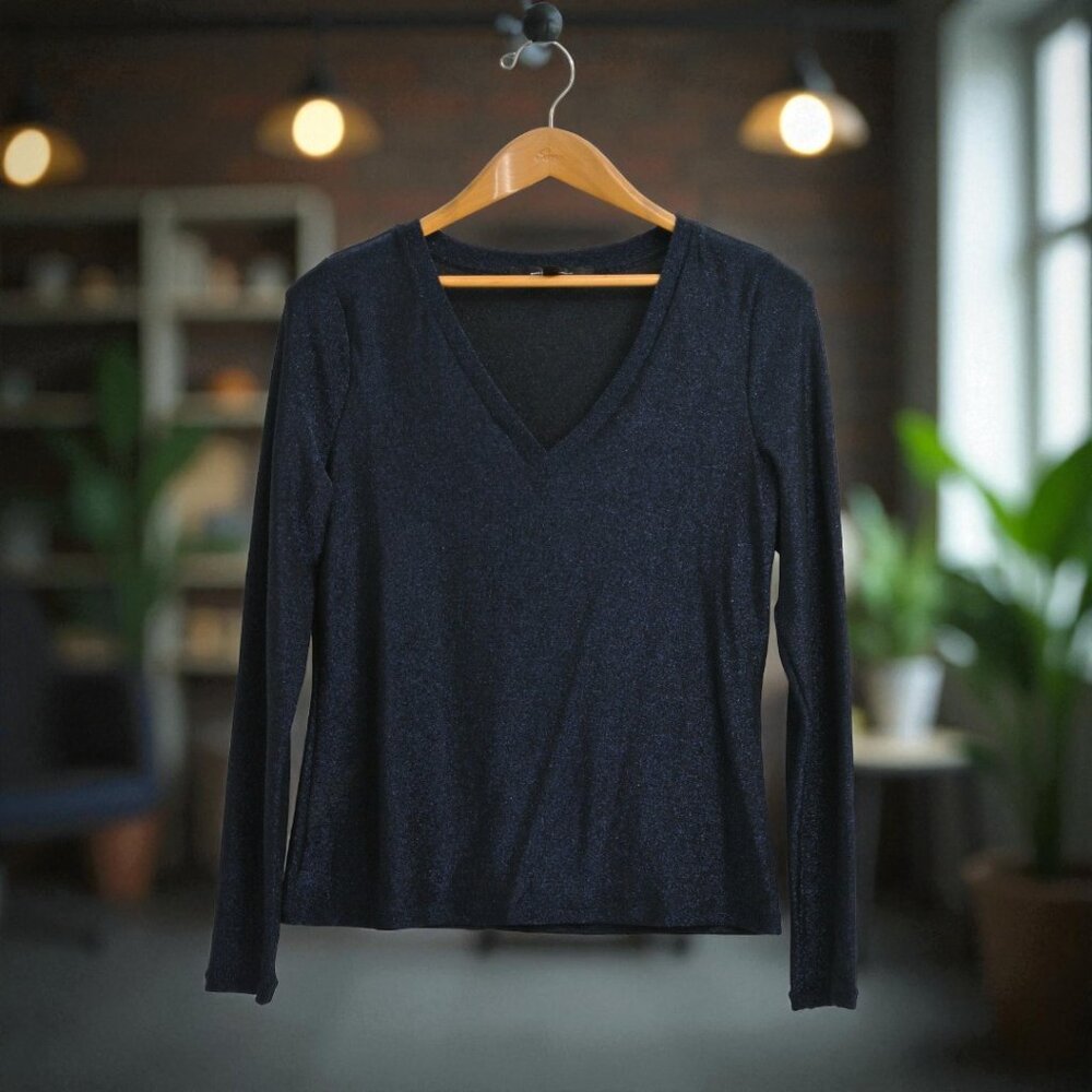 White House Black Market Navy Metallic Shimmer V-Neck Top Size M
